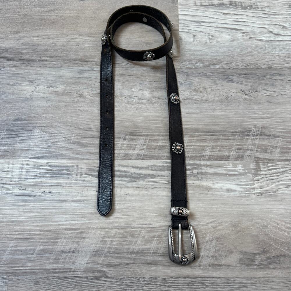 Vintage 90s Black Leather Belt Western Cowgirl Boho Y2K Silver Rodeo Medium
